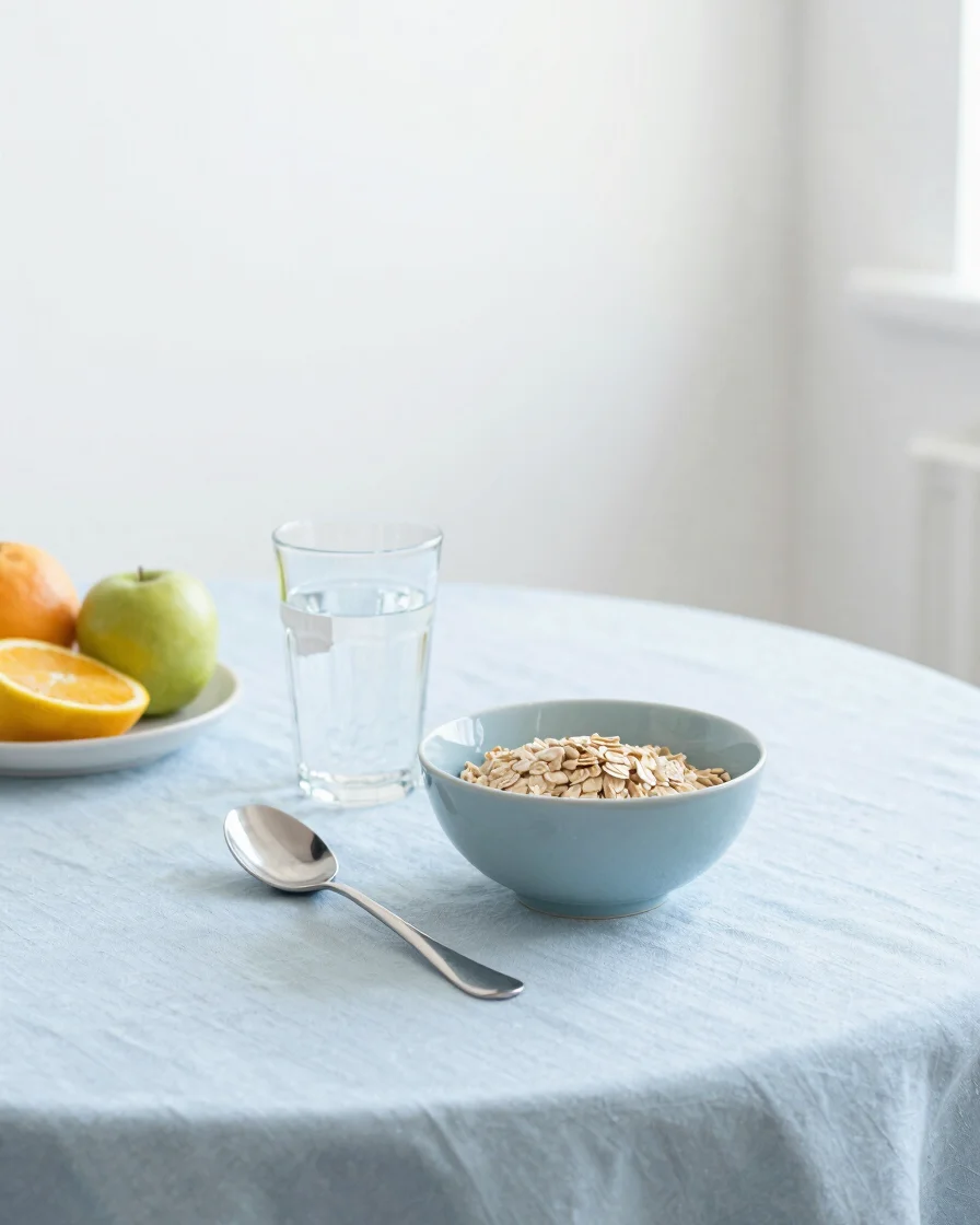 Bright editorial lifestyle photograph of a simple breakfast table