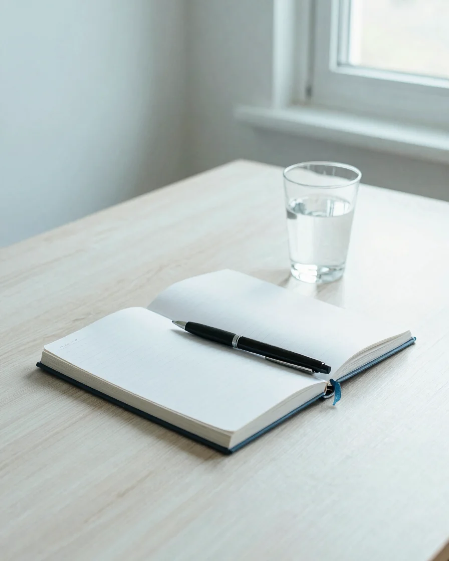 Calm editorial photograph of a notebook, pen and a glass of water on a pale wooden desk beside a window in soft natural