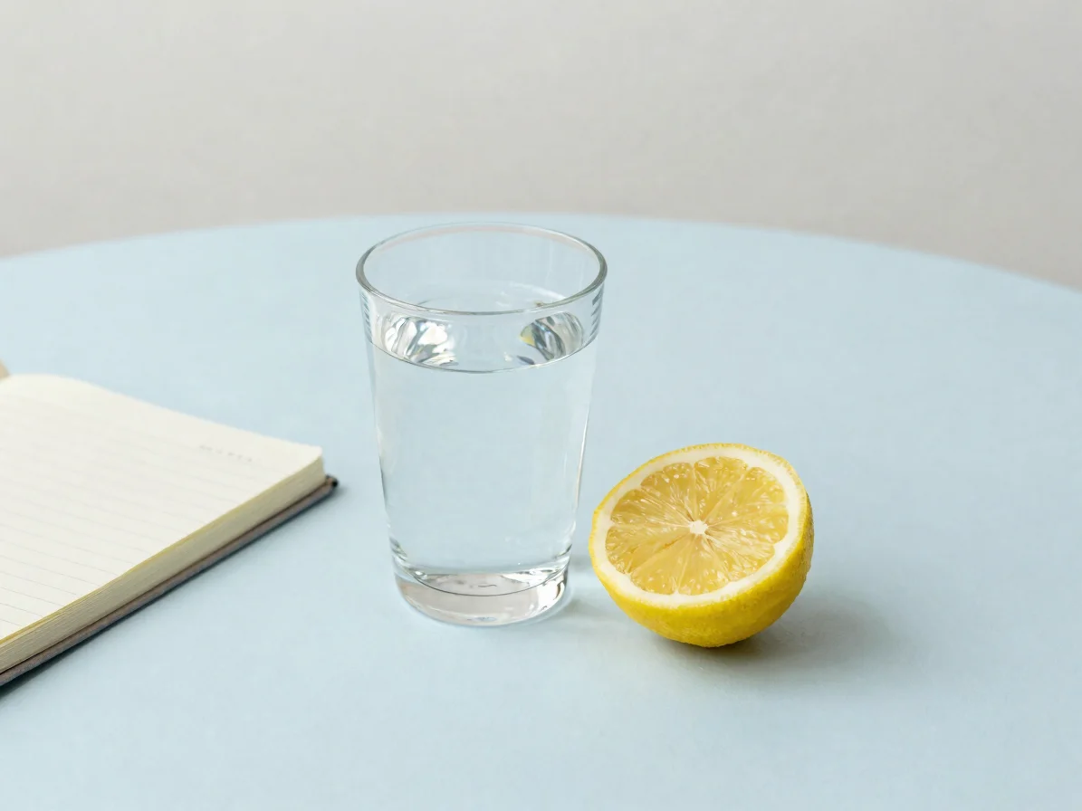 Bright editorial lifestyle photo of a clear glass of water beside